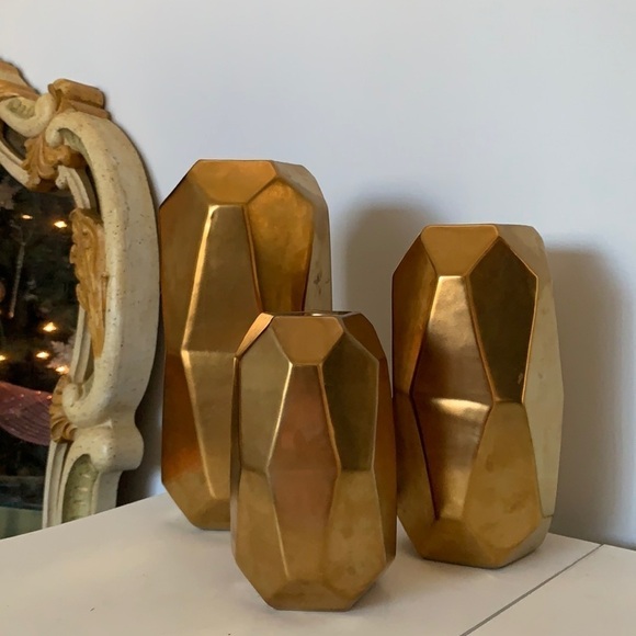 Gold Vase Maven ceramic set of 3 geometric accent‎ home decor glam MCM - Picture 1 of 8